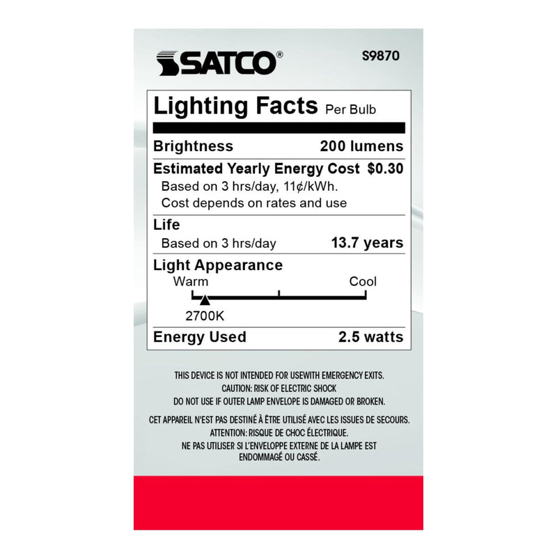 Satco S9870 / 2.5W / G16 1/2 / Warm White / CL / 27K / 120V / E12 / Box