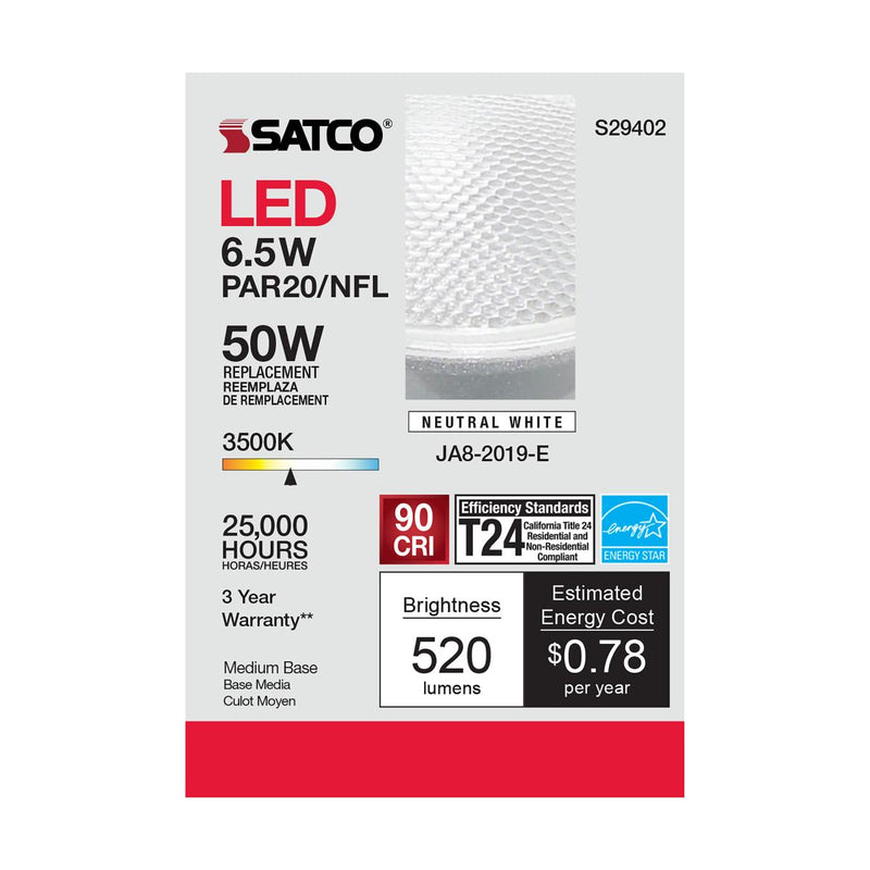 Satco S29402 / 6.5W / PAR20 / Natural White / LED / 25' / 935 / 120V / Box