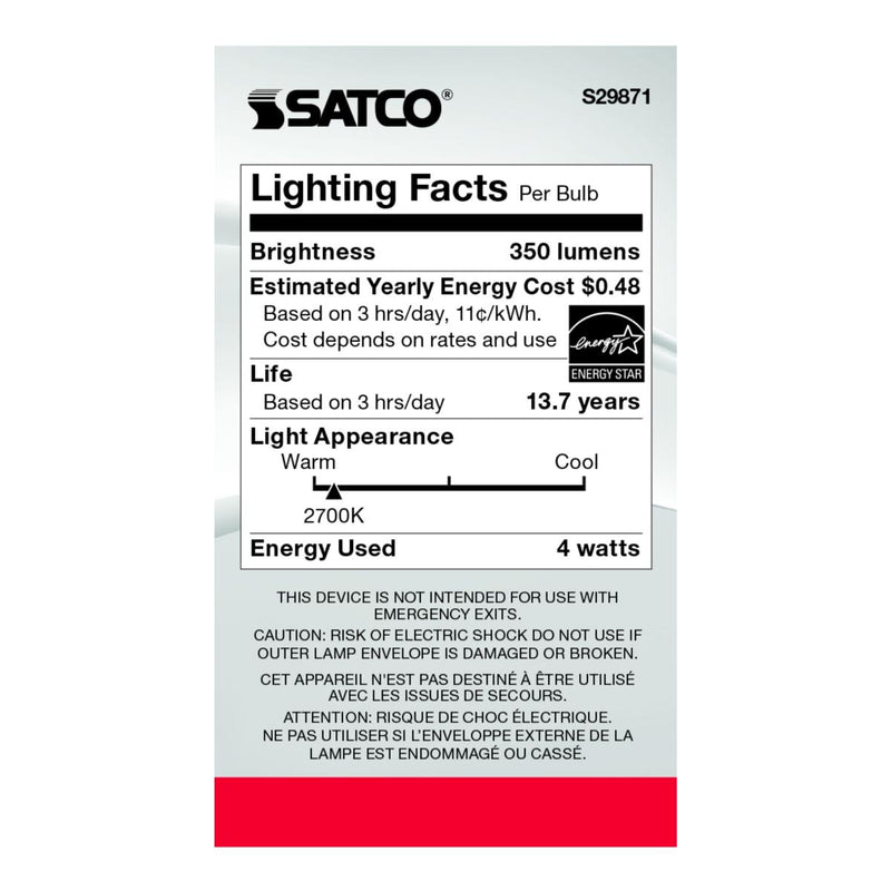 Satco S29871 / 4W / G16 1/2 / Warm White / LED / CL / 27K / 120V / E12 / Box