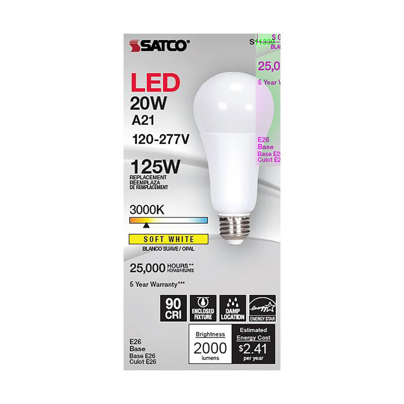 Satco S11330 / 20W / A21 / Warm White / LED / 930 / 120V 277V / ND / Box